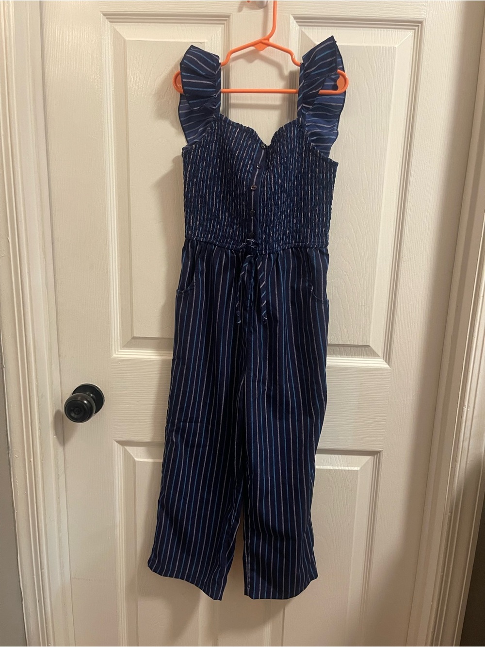 Japna Navy Blue Striped Girls' Ruffle Strap Jumpsuit